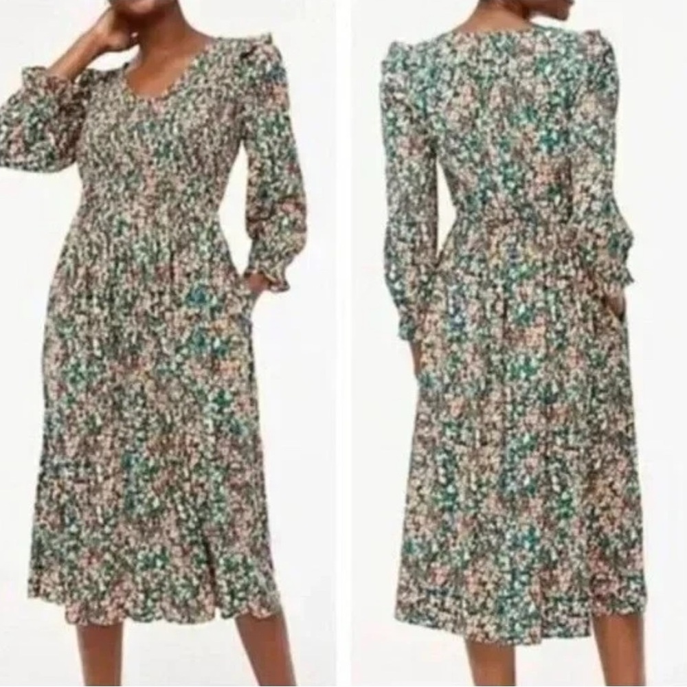 J. Crew Factory Smocked Green‎ Floral Midi Dress- NEW